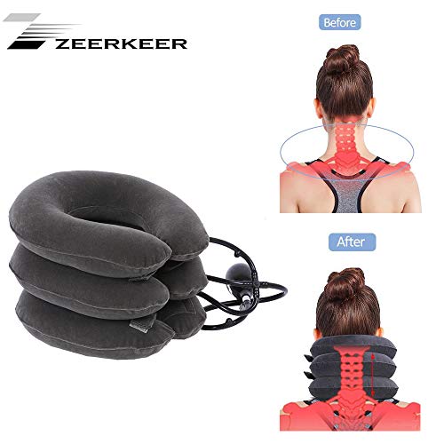 Zeerkeer Cuello Cervical Tracción?Aparato de tracción cervical U Cojín Collar para la tracción cervical inflable?Tamaño Ajustable? Aliviar el Dolor de Cuello y el Hombro (Gris)