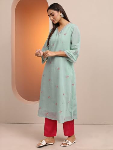Image of Libas Embroidered Chanderi Cotton A-Line Kurta for Women