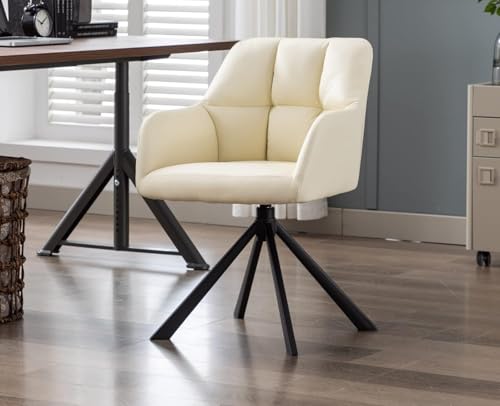 Image of Finch Fox Battle Modern 360 Swivel Mid-Back Arm Faux-Leather Study Upholstered Comfortable Metal Base Computer Office Desk Chair in Cream Color (Set of 4)