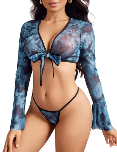 Image of Avidlove Sheer Cardigan for Women Mesh Shrug Bolero Y2K Tie Front Tops Rave Outfits Short Shawl Top with Free G-String