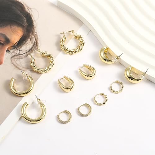 6 Pairs Gold Hoop Earrings for Women, 14K Gold Plated Chunky Huggie Hoop Earrings Set Hypoallergenic, Lightweight Twisted Open Hoops Jewelry for Christmas/Birthday Gifts.4