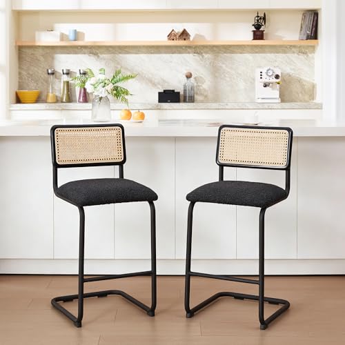 Image of Zesthouse Natural Rattan Counter Stools Set of 4, 26'' Mid Century Modern Counter Height Barstools with Solid Wood Back & Cane Mesh, Upholstered Black Boucle Bar Stools for Kitchen Island, Chrome Base
