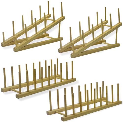 4PCS Wooden Dish Rack,8 Slots Bamboo Cupboards Rack Multifunctional Dish Stand Drainers,Dish Drying Rack Pot Lid Holder Kitchen Cabinet Storage Rack for Cups,Plates,Trays,Bowls,Cutting Boards,Books