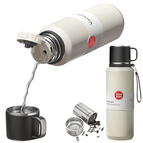 GENDLTHIJ Stainless Steel Insulated Tea Infuser Bottle, Vacuum Insulated Water Bottle, Tea Tumbler with Separate Tea Compartment, 24-Hrs Insulation Commute Travel (White,50oz/1500ml)