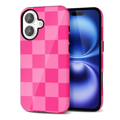 Coque iPhone 16 motif damier coloré rose vif, protection mignonne pour femme