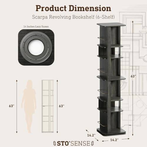 6 Tier Rotating Bookshelf Tower, 360° Black Spinning Bookshelf with LED Lights & 14" Lazy Susan for Small Spaces, Corner Revolving Bookcase,Wood Vertical Book Shelf Organizer for Bedroom Living Room - Image 2