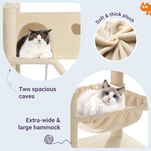 Image of Allewie 81 Inches Tall Cat Tree /Multi-Level Large Climbing Tree House and Towers for Big Feline /Condo and Hammock /Scratching Post /Wide Base /Beige