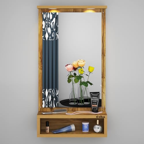 Image of Anikaa Jinny LED Light Wall Hanging Dressing Mirror Home Decor Wall Mirror Decorative Wall Mirror for Living Room Bedroom - Gaintwood (D.I.Y - Do-It-Yourself), Rectangular, Brown