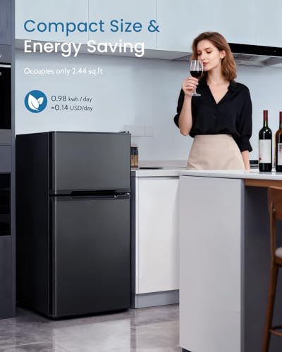 Image of Feelfunn 3.2 Cu.Ft Mini Fridge with Freezer - 2 Door Small Refrigerator, Mini Refrigerator with Adjustable Thermostat, Removable Shelves, Mini Fridge for Bedroom, Office, Dorm, Apartment, Black