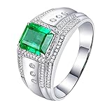 AMDXD Anillo de compromiso para hombre de oro blanco de 18 quilates, anillo de compromiso para hombre ancho verde esmeralda de 1,5 ct con diamante blanco, 22, Oro blanco, Esmeralda