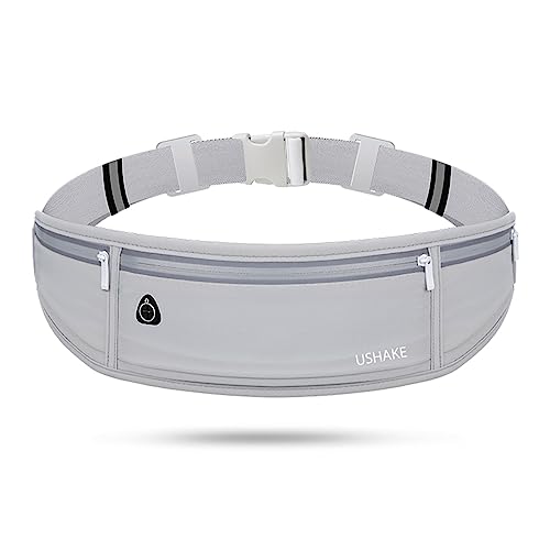 Image of USHAKE Slim Running Belt, Workout Fanny Pack for Men Women,Exercise Waist Pack for Apple iPhone Holder, Runner Belt for Running Walking Cycling Camping Gym Light Grey