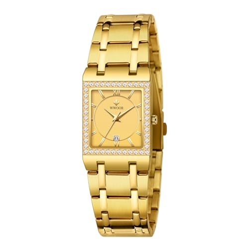 WWOOR Womens Watches for Small Wrists Stainless Steel Dainty Square Gold Watches for Women with Date Waterproof Ladies Watches Elegant Dress Quartz Women's Wrist Watches Reloj para Mujer