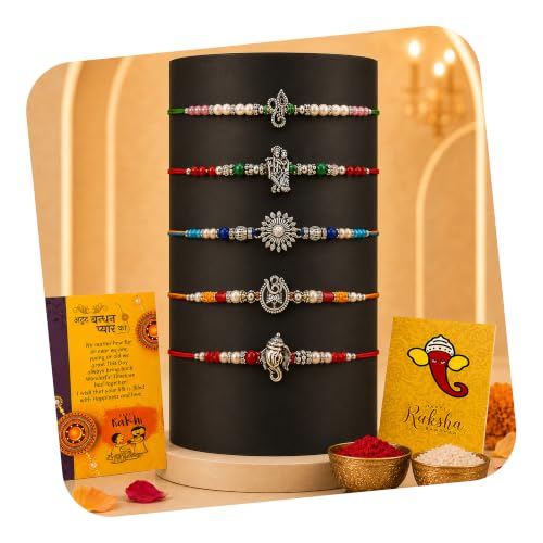 Image of CraftVatika Silver Rakhi Set of 5 for Brother Bhai Men Boy, Rakhis for Rakshabandhan, Ganesha, Radha Krishna Om Religious Silver Rakhi for Brother Rakshabandhan Thread with Best Wishes Card Tilak Set