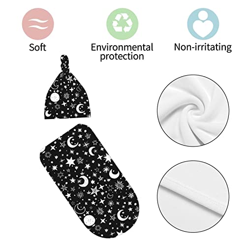 Image of Moon Star Baby Stuff Swaddle Blanket Wrap Baby Newborn Blanket Soft Stretchy With Hat Set Gift For Infant Boy Girl