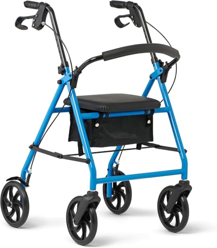 Caring 4-Wheel Rollator Walker for Seniors Light Blue Rolling Walker with Seat, Hand Brakes &...