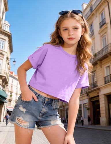Image of Girls Crop Tops Short Sleeve T-Shirts for Girl Crew-Neck Basic Tee Size 7-14 Years