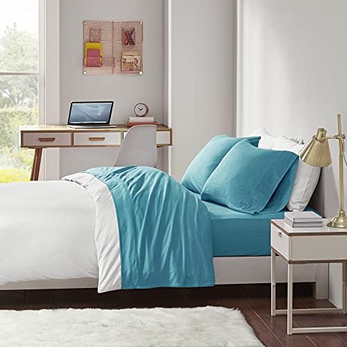 Intelligent Design Cotton Blend Jersey Knit Queen Bed Sheets , Coastal Cotton Bed Sheet , Teal Bed Sheet Set 4-Piece Include Flat Sheet , Fitted Sheet & 2 Pillowcases