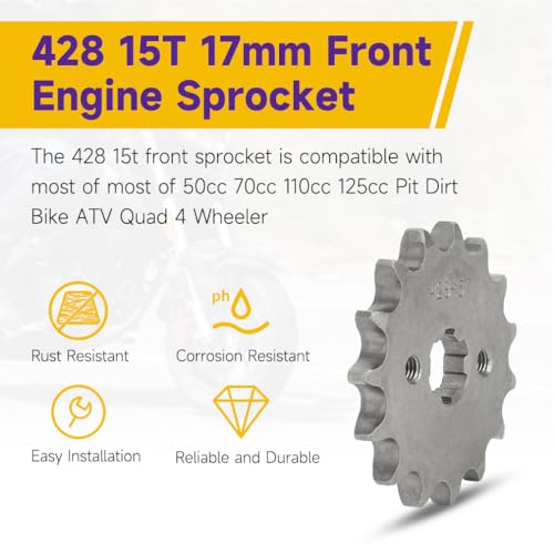 Image of HIAORS 428 15T 17mm Motorcycle Front Engine Sprocket Compatible with 50cc 70cc 110cc 125cc 140cc 160cc TaoTao Coolster Apollo Coleman Boom Vader Roketa Lifan ATV Quad 4 Wheeler Pit Dirt Bike Parts