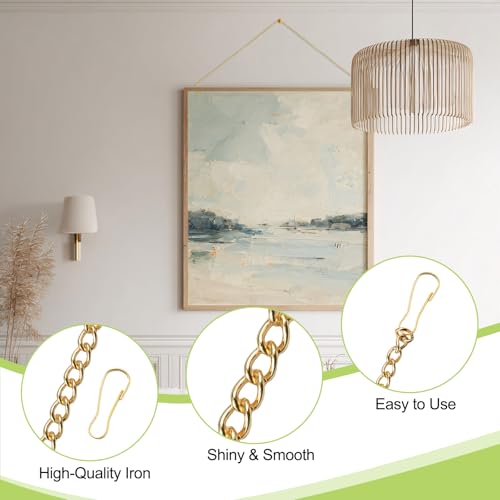Image of Picture Hanging Kit with 4Pcs 2M Picture Hanging Chains & 12Pcs Hooks, Heavy Duty Metal Display Chain for Photo Frames Artworks Mirror(Gold)