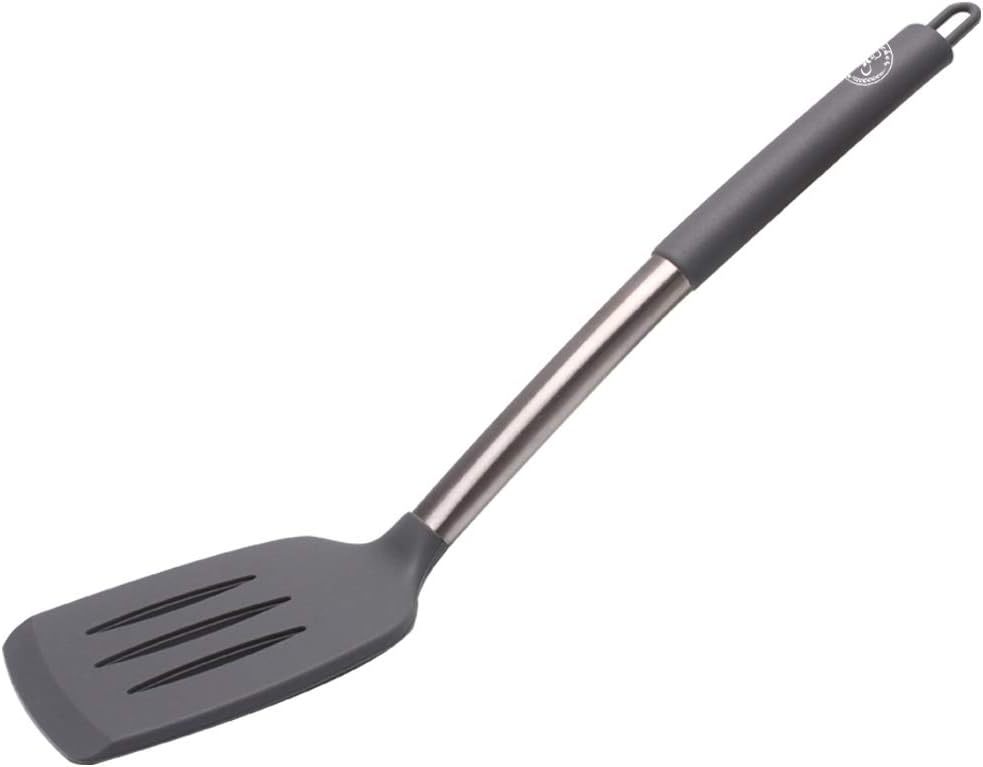 Starchef Silicone Slotted Turner Spatula Heat Resistant Non-Stick Soft Grip, Stainless Steel(Grey)