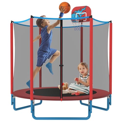 YORIN 66\" Trampoline for Kids, 5.5FT Toddler Trampoline with Enclosure Net, No-Gap Spring Cover, Indoor Outdoor Trampoline with Basketball Hoop for Kids Ages 1-8, Gift for Baby, Toddlers & Kids