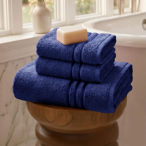 Image of MYTRIDENT Towel Set| Comfort Living | Quick Drying | Travel Friendly | for Men /Women | 3 PC Towel Set | 1 Bath (70 cm x 140 cm) 2 Hand (40 cm x 60 cm) | 100% Cotton 400 GSM - New Navy