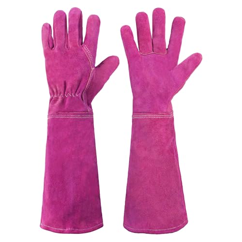 HANDLANDY Ladies Thorn Proof Gardening Gloves, Long Gauntlet Heavy Duty Garden Gloves, Elbow Length Women Leather Rose Pruning Glove (Large, Rosy) Large (Pack of 1) Rosy