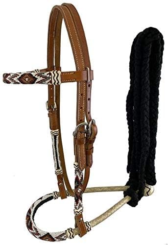 Showman Leather Bosal Headstall w/Southwest Beaded Design and Black Mecate Reins,Average Full Size Horse
