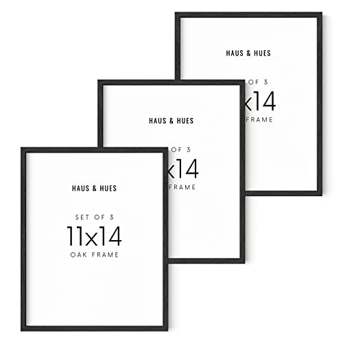 HAUS AND HUES 11"x14" Black Oak Wood Frames Set of 3-11x14 Poster Frame Black, 3 Poster Frame Set of 3, 11x14 Frame 3 Pack, 11 x 14 Frame Art, Certificate Frames