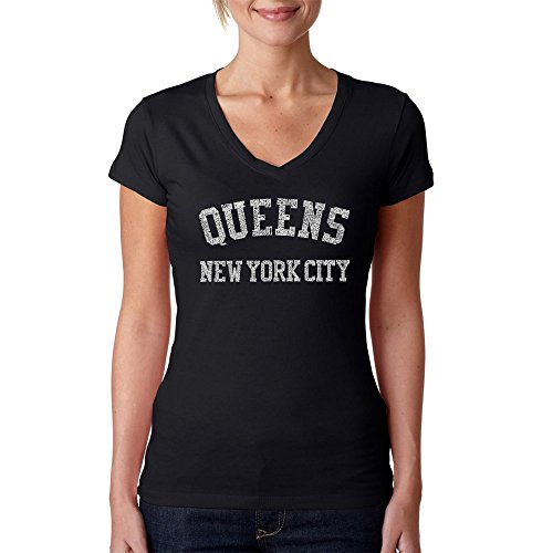 LA POP ART Women's Word Art V-Neck T-Shirt - Popular Neighborhoods in Queens New York - Word Art...