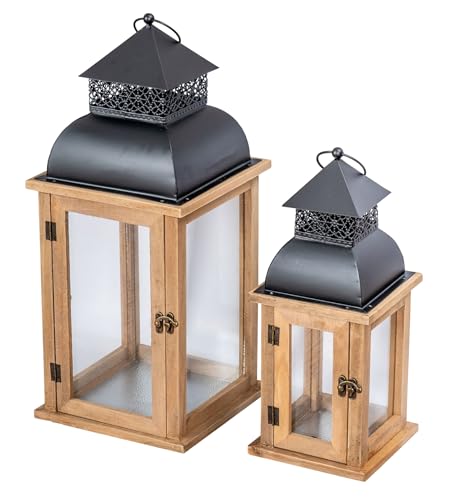 2er Set Laterne Braun Holz Metall Kerzenhalter Windlicht Gartendeko Holzlaterne Gartenlaterne Gartenbeleuchtung Dekoration Vintage Shabby Antik