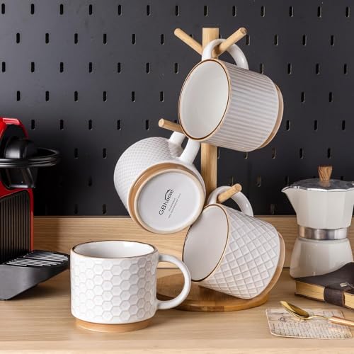 GBHOME Set of 4 Stackable Ceramic Coffee Mugs 350ml - Textured Modern Cups for Tea/Latte/Cappuccino, Dishwasher & Microwave Safe, Gift for Men/Women - 10