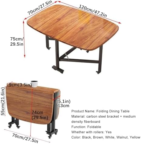 Extendable Folding Dining Table Set for 4-6, Space-Saving Drop Leaf Table with 6 Wheels, Multifunctional Kitchen Table for Small Spaces (Black, 120x70x75cm)