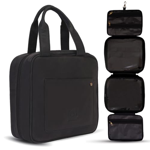 DreamController Large Hanging Leather Toiletry Bag for Men | Full Grain Genuine Leather Dopp Kit With Large Foldable Compartments | Real Leather Makeup Bag Organizer for Women See-through Compartment