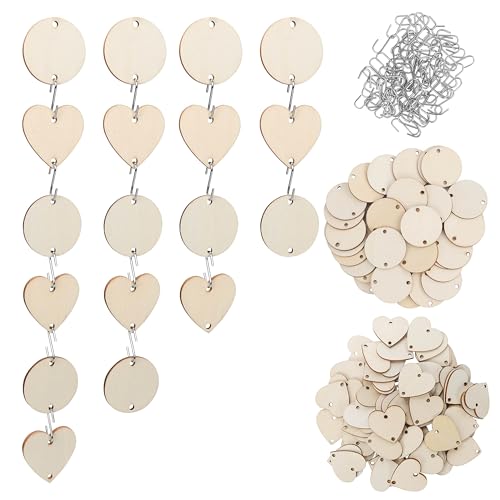 Belle Vous Rond Bois et Coeur en Bois Brut avec Crochets en S (240 Pièces) - Petit Coeur et Rond Pré-Percés - Artisanat, Tableaux Anniversaire/Tâches, Étiquettes,...