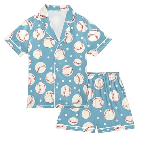 Baseball Cute Simple Pattern Summer Satin Pajama Set, Cute Button-Down Sleepwear Pj Set for Sleep Wears