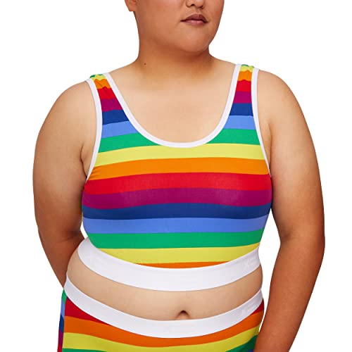 Tomboyx Soft Bra, Cotton Scoop-Neck Bralette For Women, Wireless No-Padding Low Impact, Small/Rainbow Pride Stripes #TOP2