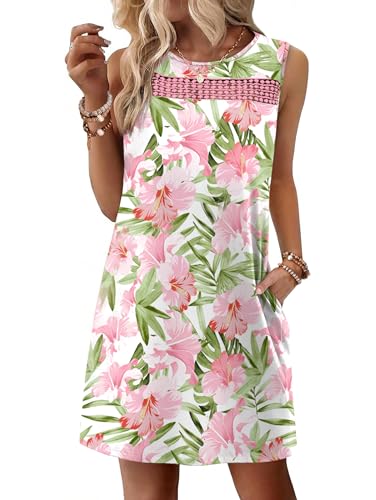 WIHOLL Vacation Outfits for Women Casual Spring Dress Summer Dresses Tank Dress Beach Vacation Fashion Clothing Elegant Classy Tropical Travel Resort Wear Flower Pink XL