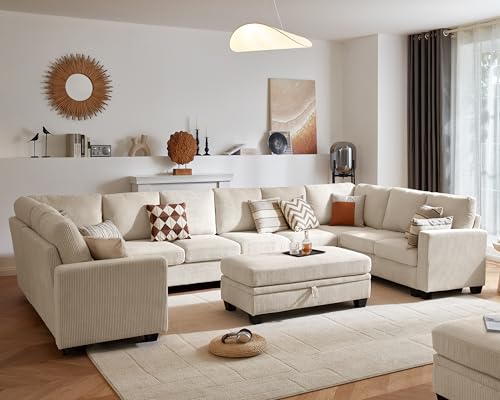 Image of CHIC HOUSE Modular Sectional Couch| Corduroy L Shaped Sleeper Sofa, U-Shape Sofa Bed Convertible Chaise with Storage Ottoman for Living Room Modern Furniture (Beige, 12 Seater U-Shaped)