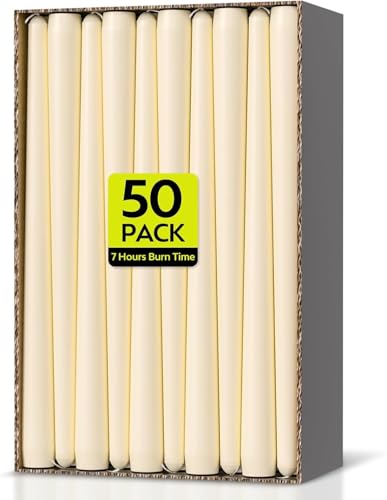 Taper Dinner Candles, Non-Drip Table Candlesticks, Unscented Ivory, 7-Hour Burn Time, Long-Burning Tapered Candles, Paraffin Wax with Cotton Wicks, 50 Pack