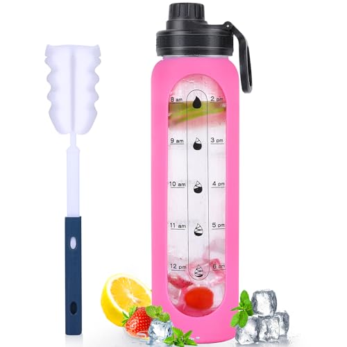 GIEMIT Glass Water Bottles 32oz with Silicone Sleeve Drinking Hydration Bottles Reusable Borosilicate Wide Mouth Motivational Water Flask Canteen with Time Marker Spout Lid and Brush (Rose Red-32 oz)