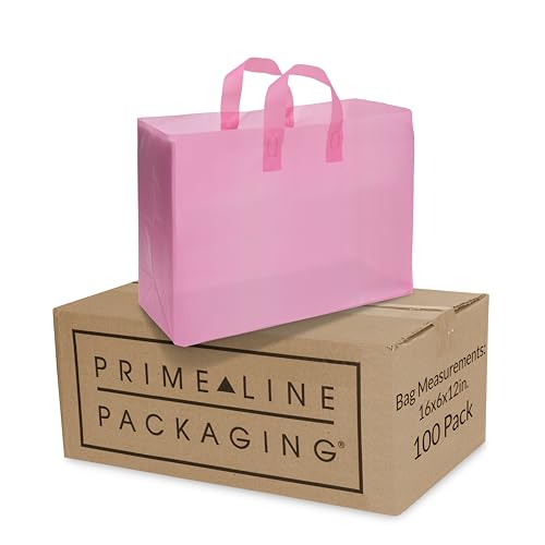 Prime Line Packaging Plastic Gift Bags, Frosted Pink Gift Bags Large with Handles for Small Business, Shopping, Grocery, Boutique, Retail Supplies, Bulk, 16x6x12, 100 Pack