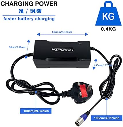 YZPOWER 54.6V 2Amp Battery Charger for Electric Bike, 48V Lithium Battery Charger For Electric Scooter, Ebike, Mobility Scooter, XLR 3 Pin Connector UK Plug