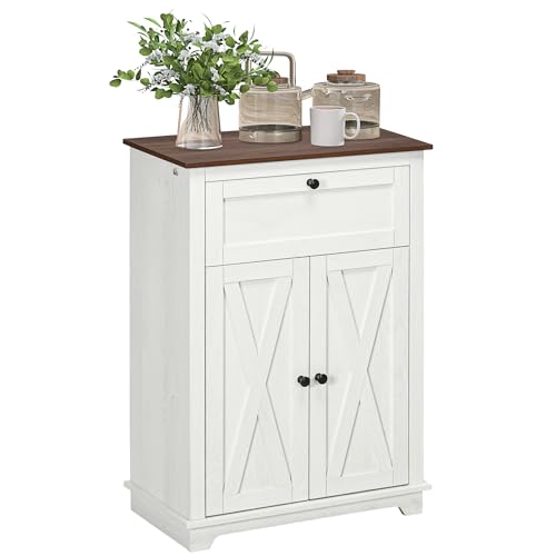 Image of HOMCOM Farmhouse Barn Door Accent Cabinet, Kitchen Sideboard Storage Cabinet with Double Doors, Drawer, and Adjustable Shelf for Living Room, White