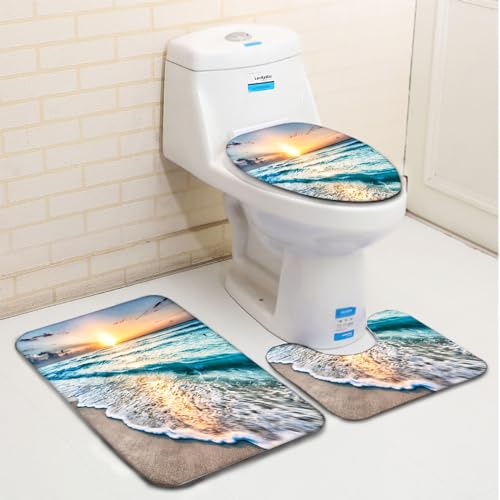 Badematte Blick auf das Meer bei Sonnenuntergang Badezimmerteppich Set 3 Teilig Mikrofaser Badteppiche und WC Vorleger mit Ausschnitt Waschbar rutschfeste Badvorleger Toilette Teppich – Bild 4