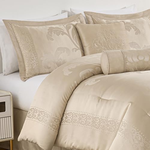 Chezmoi Collection Royale 7-Piece Jacquard Floral Comforter Set, Oversized King, Champagne by Chezmoi Collection - Image 6