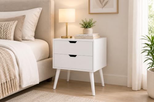 Image of Brown Art SHOPPEE 2-Drawer End Side Table with Drawer and Solid Wood Legs, Bedside Table for Bedrooms, Mid-Century Modern Drawer Storage Cabinet for Bedroom & Furniture (Full White)