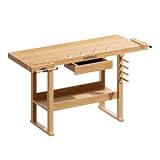 Wiltec Banco de Carpintero 151 x 61,5 x 86 cm Mesa de Trabajo de Madera 150 kg con cajón, Estante y Pinzas de sujeción, Ideal para Trabajos de carpintería, Bricolaje y Taller
