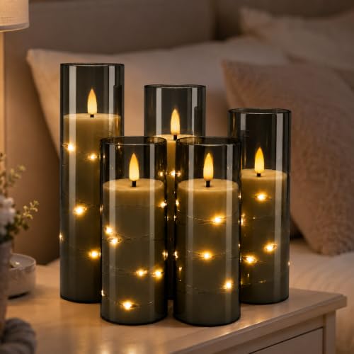 Image of Da by 5 Pack Gray Transparent Acrylic Flameless Taper Candles, Flickering Black Wick LED Candles with Fairy String Lights, Heat Resistant Reusable ABS Candles with Remote for Home Patio Decor