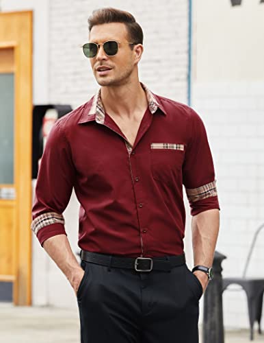 Jinidu Men's Casual Cotton Dress Shirt Plaid Collar Long Sleeve Button Down Shirt(Wine Red,Large #TOP2